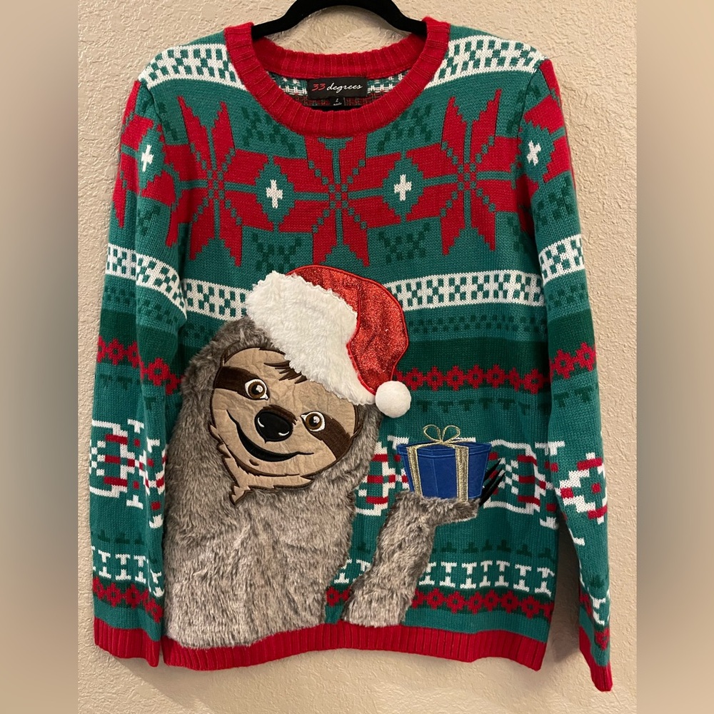 32 Degrees Sloth Christmas Sweater - Green and Red
